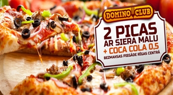 Esi izsalcis? Pasūti jebkuras divas gardākās picas Ø 27 cm ar kraukšķīgu siera maliņu + Coca Cola no „Domino-club” par 50% lētāk!