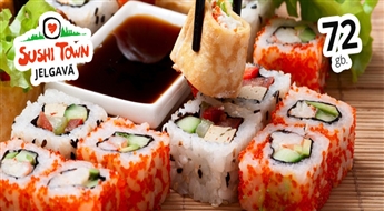 AKCIJA JELGAVĀ AR PIEGĀDI UZ OLAINI UN DOBELI! Sušī komplekts (72 gb.)  no „Sushi Town” par 50% lētāk! Suši jau ir ceļā!