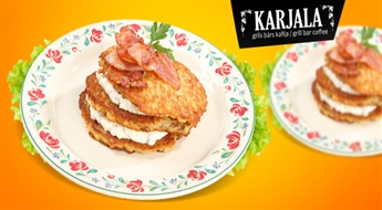 Bārs KARJALA Vecrīgā piedāvā: Kartupeļu pankūkas ar bekonu un skābo krējumu tikai par 1.95 Ls!