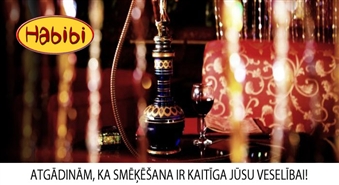Ūdenspīpe + aromātiskā tēja pēc Jūsu izvēles divām personām no austrumu restorāna Habibi tikai par 8.00 Ls.