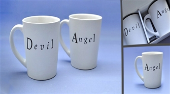 PIEGĀDE VISĀ LATVIJĀ! Īstiem karsto dzērienu cienītājiem! Keramisko krūžu komplekts „Angel” un „Devil” (2 gab.) tikai par 3.99 Eur!