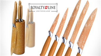 PIEGĀDE VISĀ LATVIJĀ! Īpaši grezns ROYALTY LINE nažu komplekts (5 gab.) + statīvs zelta krāsā ar atlaidi!