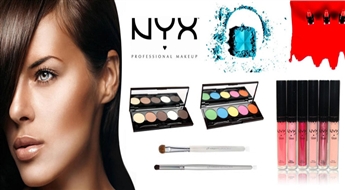 Комплект профессиональной, декоративной косметики „NYX Cosmetics”: NYX палитра теней для глаз с зеркалом (5 оттенков) (1 шт.), NYX Блеск для губ Round Lipgloss (1 шт.), E.L.F. кисточка для нанесения теней (1шт.) со скидкой 40%!