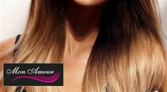 Mon Amour: Matu krāsošana OMBRE tehnikā + griešana + atjaunojoša maska + ieveidošana