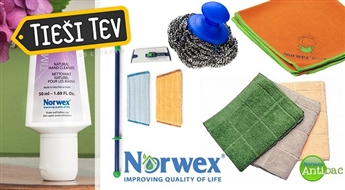 NORWEX virtuves dvieļi, metāla skrāpis, grīdas uzkopšanas komplekts, stikla tīrīšanas audums, roku dezinfekcijas līdzeklis u.c.