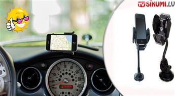 Universāls automašīnas mobilo telefonu, MP4, PDA un GPS ierīču turētājs, ko var piestiprināt pie paneļa vai vējstikla