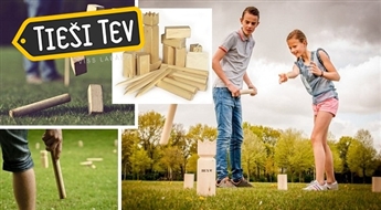 Aizraujoša KUBB brīvdabas spēle (Vikingu šahs) visu vecumu spēlētājiem