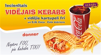 Vidējais donner kebabs + vidējie frī kartupeļi + Coca Cola, Sprite vai Fanta (0.4 l) no KEBABS FIX ar 50% atlaidi! Nopērc FIXI, pie kebaba TIXI!