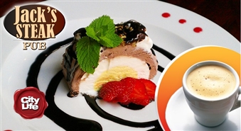 Triju veidu saldējuma torte ar šokolādes mērci + tasīte uzmundrinošas melnās kafijas restorānā Jack’s Steak – 53 %