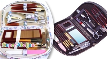 Принадлежности для маникюра, педикюра и нанесения макияжа (18 предметов) в элегантной косметической сумочке!