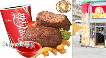 Два сочных и сытных кусочка мяса + Бельгийская картошка фри (средняя) + кетчуп или горчица в Belgium bistro!