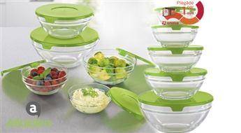 Stikla trauku komplekts ar vāciņiem (5 gab.) mikroviļņu krāsnīm, produktu uzglabāšanai ledusskapī un kulinārijai