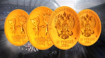 Mirdzoša monēta, apzeltīta tīrā 24 karātu zeltā ar 2014. gada Soču ziemas Olimpisko spēļu talismana attēlu tikai par 9.25 Eur!