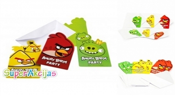Komplekts no 6 ielūgumu atklātnītēm bērnu ballītei ar jautrajiem Angry Birds!
