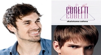 Vīriešu matu griezums un ārstējoša procedūra pret matu izkrišanu ar 53% atlaidi skaistuma salonā Coretti!