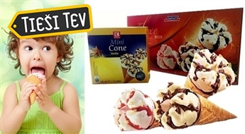 Kaste vaniļas saldējuma ar riekstiem, šokolādi vai zemenēm vafeļu konusā