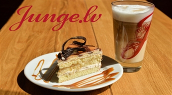 Junge.lv: пирожное + Latte Machiatto XXL