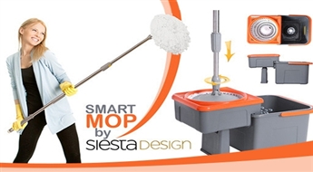 SMART DESIGN komplekts grīdas mazgāšanai:  2 mikrošķiedru mopi + teleskopisks kāts + spainis ar „centrifūgas” mehānismu -58%
