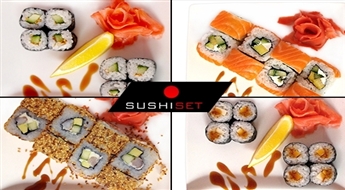SUSHI SET: suši komplekts ar lasi, tīģergarnelēm, kūpinātu kalmāru un Philadelphia sieru (4 veidi, 32 gabaliņi) -50%