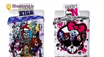 Bērnu gultasveļas komplekts (160x200 cm) 100% kokvilna (spilvendrāna + segas pārvalks) ar MONSTER HIGH tēliem