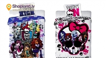 Bērnu gultasveļas komplekts (160x200 cm) 100% kokvilna (spilvendrāna + segas pārvalks) ar MONSTER HIGH tēliem