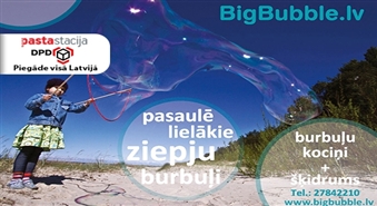 BigBubble.lv: milzu burbuļu pūšanas komplekts (kociņi + 2 burbuļu šķidruma koncentrāti) -50%