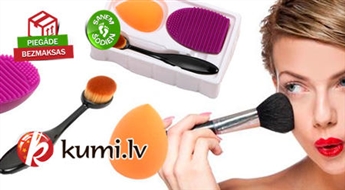 Makeup komplekts 3in1: ovāla meikapa ota, sponžs un aksesuārs otiņu tīrīšanai