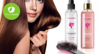 GIRLSSHOP izsmidzināms keratīna sprejs matiem ar vitamīnu kompleksu + Universāls smaržūdens sprejs  + DĀVANA