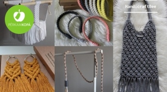 Сделано в Латвии! Качели узелкового плетения ,серьги, украшение на волосы, сумка для покупок и лампа HANDICRAFTBEE