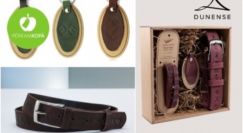 СДЕЛАННЫЕ В ЛАТВИИ кожаные ремни, браслеты, брелки для ключей или подарочный комплект с латышскими знаками