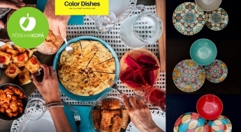 Комплекты итальянской фарфоровой посуды ярких оттенков - обеденная тарелка, тарелка для салатов и суповая тарелка