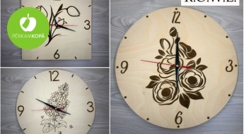 Сделано в Латвии! Настенные часы из березы с весенним мотивом цветов - розы, тюльпаны или сирень