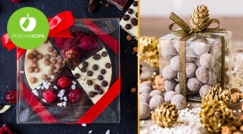 "Almarini" šokolādes gabals "Četri gadalaiki" un tumšās šokolādes dražejas ar kraukšķīgu pildījumu un piparkūku garšu