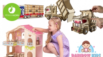 RAINBOW KIDS saliekami koka konstruktori bērniem - leļļu mājas, autostāvvietas, mašīnas