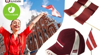 Latvijas karogi Baltā galdauta svētkiem: uz statīva, automašīnām, papīra karodziņi u.c. + Latvijas karoga lentīte