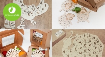 Latvijā ražotas attīstošās koka rotaļlietas bērniem - puzles alfabēta apgūšanai un Montessori izšujamo aitiņu komplekts