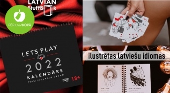Radīts Latvijā! Pikantas grafiski ilustrētas spēļu kārtis pieaugušajiem, ilustrēta latviešu idiomu grāmata vai 2022. gada kalendāri