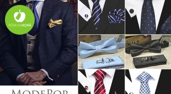 Aksesuāru komplekts elegantam vīrietim: kaklasaite vai tauriņš + lakatiņš žaketes kabatai + aproču pogas