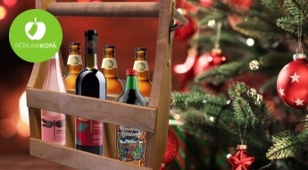 Praktiska dāvana svētkos! Koka kaste sešām alus, vīna vai kvasa pudelēm + attaisāmais + magnēts